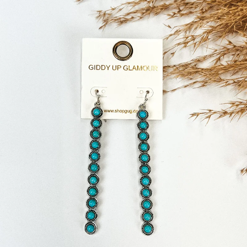 Women’s small hoop earrings-Turquoise Studded Long Rectangle Earrings in Silver Tone