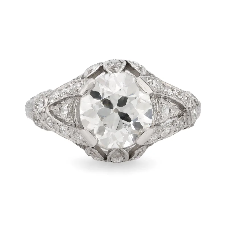 Women’s statement rings-Art Deco GIA 1.67 carat circular brilliant cut diamond platinum filigree ring