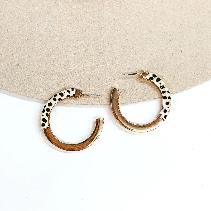 Women’s pearl earrings-Gold Flat Hoop Earrings with Half Black Cheetah Print in Ivory