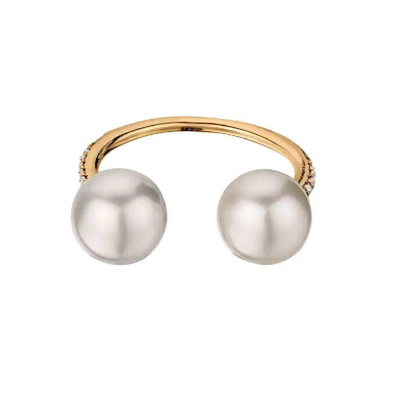 Women’s silver wedding bands-DOUBLE PEARL & DIAMOND PINKY RING