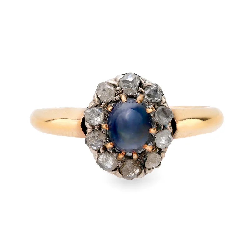 Women’s cute rings-Antique French cabochon sapphire diamond 18k yellow gold silver cluster ring