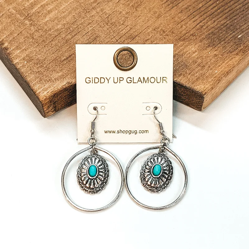 Women’s designer earrings-Circle Drop Earrings with Hanging Concho Pendant in Silver Tone