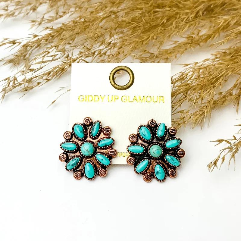 Women’s artistic earrings-Faux Turquoise Flower Cluster Stud Earrings in Copper Tone