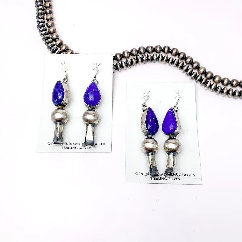 Women’s geometric earrings-Mason Lee | Navajo Handmade Sterling Silver Dark Lapis Earrings with Squash Blossom Dangle