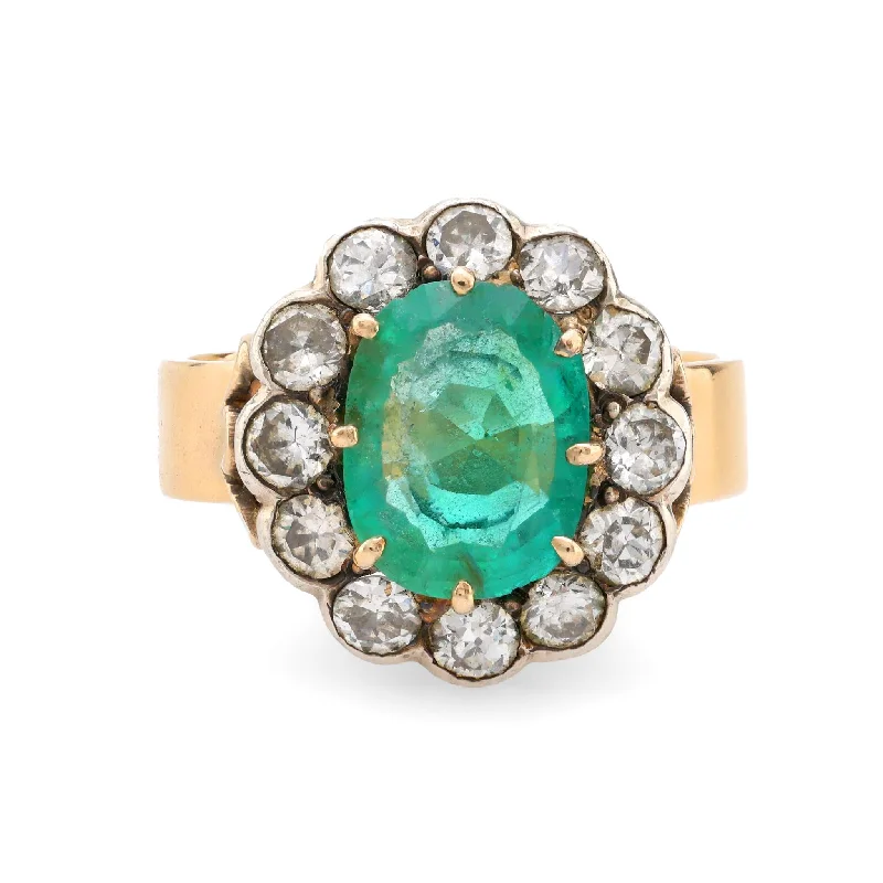 Women’s halo diamond rings-Antique style GIA 1.70 carat emerald diamond 14k yellow gold silver cluster ring