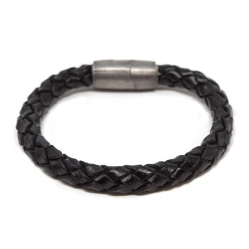 Women’s charm bracelets-Braided Leather Bracelet with Puzzle Clasp Black Medium