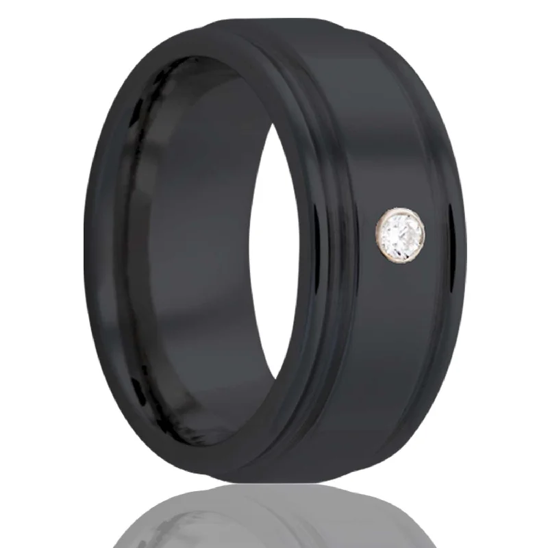 Women’s twisted band engagement rings-Double Grooved Edge Diamond Black Zirconium Ring