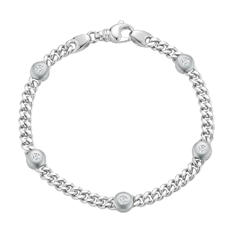 Women’s engraved bracelets-Diamond Bezel Station Curb Bracelet in 14K White Gold