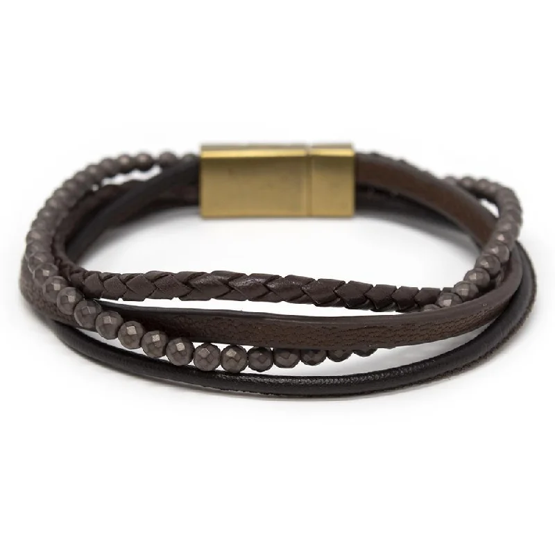 Women’s thick bangles-Men's Four Row Braided Leather Bracelet with Bead Brown