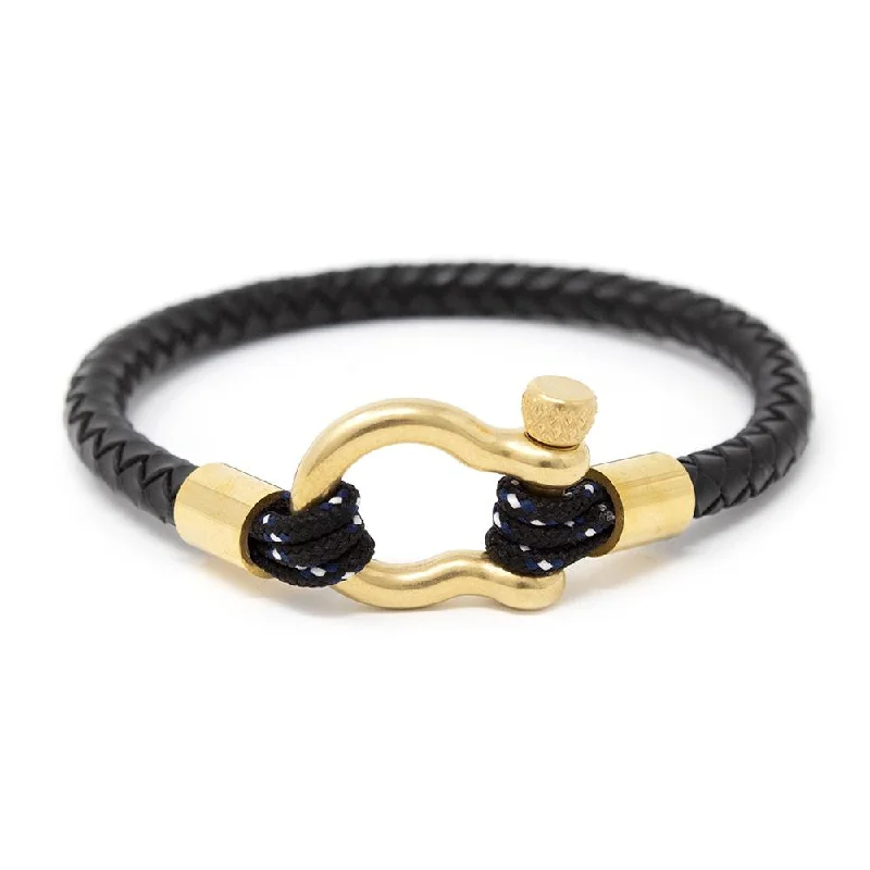 Women’s infinity bracelets-Men's Braided Leather Bracelet with Gold Tone Shackle Black Medium