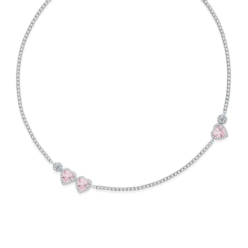 Women’s stylish silver necklaces-FANCIME "Pink Impression" Halo Heart Tennis Sterling Silver Necklace