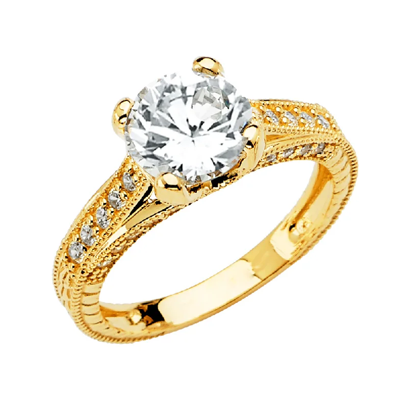 Women’s round diamond engagement rings-14K Solid Gold Round Cut CZ Vintage Wedding Engagement Ring