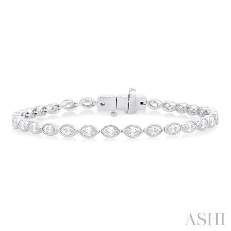 Women’s black leather bracelets-3 1/10 Ctw East-West Bezel Set Marquise Cut Diamond Tennis Bracelet in 14K White Gold