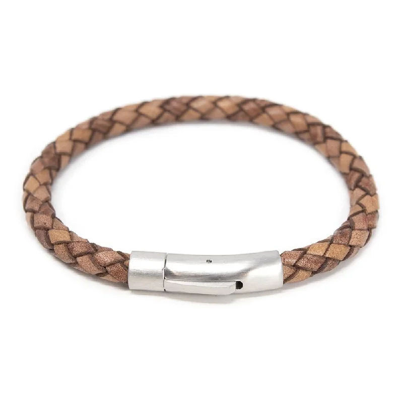 Women’s sparkling bangle bracelets-Stainless Steel Braided Leather Bracelet Beige