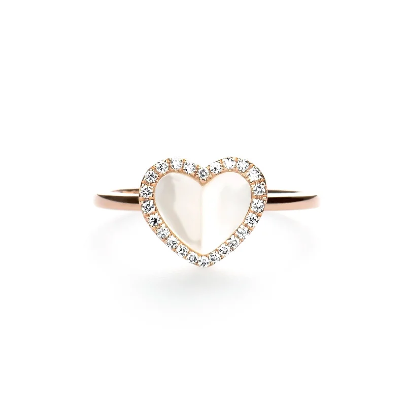 Women’s affordable engagement rings-Mother of Pearl Heart with Diamond Halo Ring