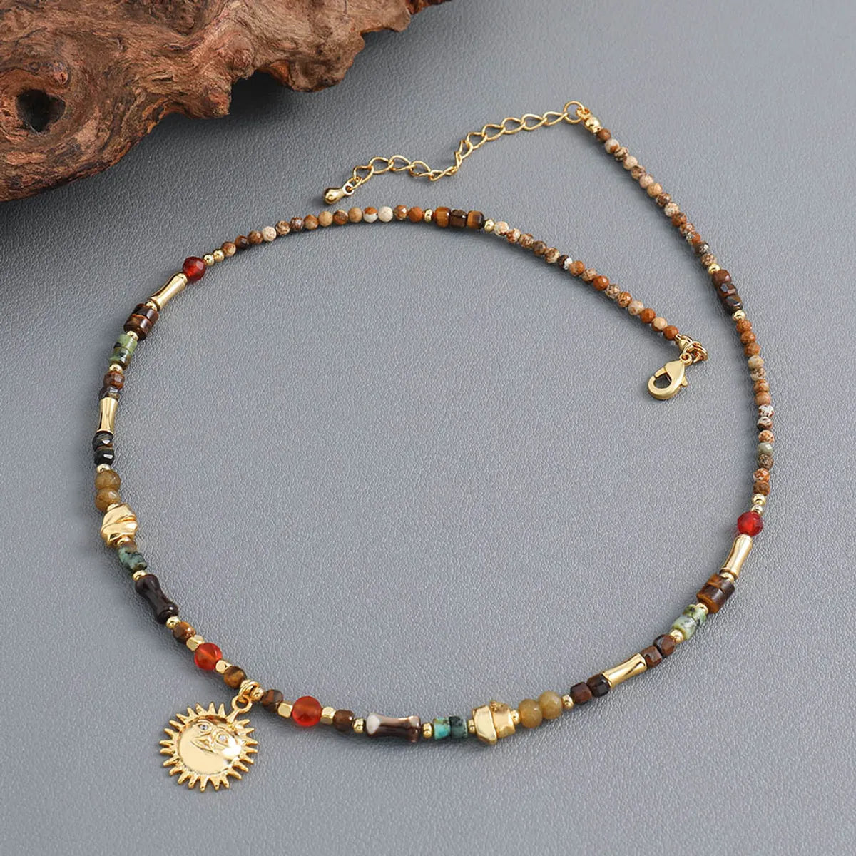 Women’s statement chain necklaces-Ig Style Sun Natural Stone Copper Beaded Handmade Inlay Zircon Pendant Necklace