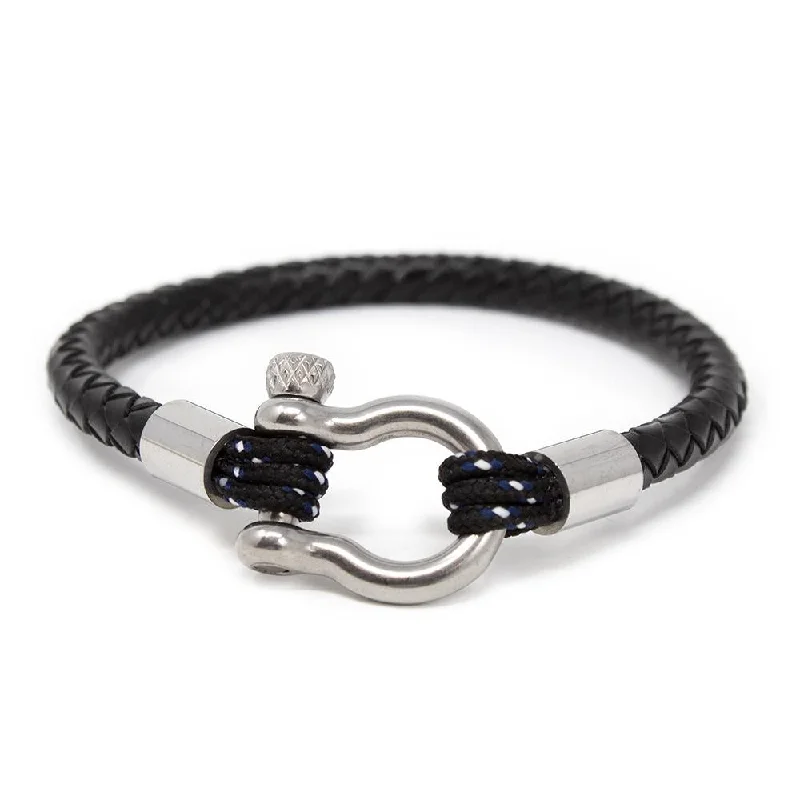 Women’s pearl bangles-Men's Braided Leather Bracelet with Silver Tone Shackle Black Large