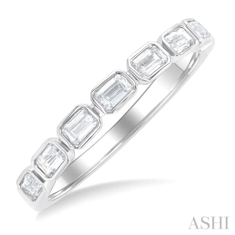 Women’s halo solitaire engagement rings-3/4 ctw East-West Emerald Cut Bezel Diamond Fashion Band in 14K White Gold