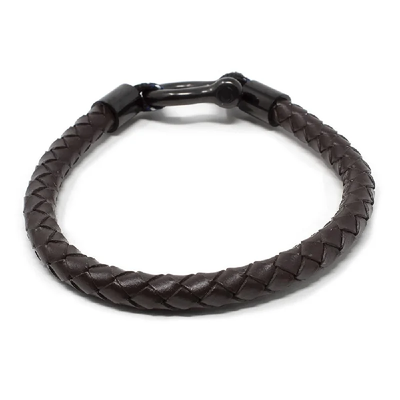 Women’s minimalist leather bracelets-Men's Braided Leather Bracelet with Shackle Brown Large