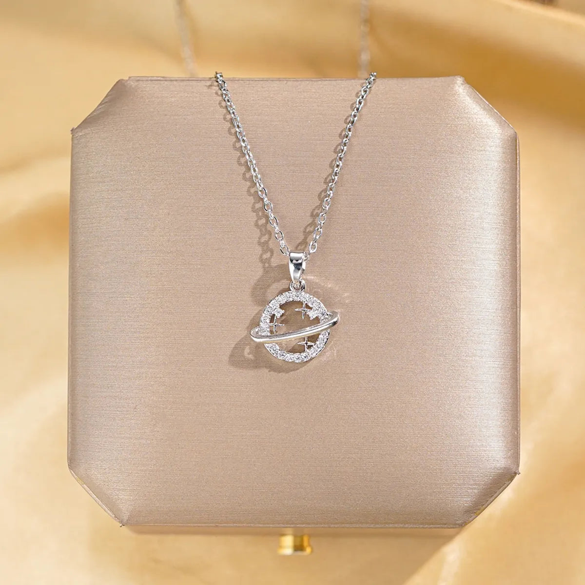 Women’s gold chain necklaces-Wholesale Cute Sweet Planet Titanium Steel Copper White-Plated K Artificial Diamond Zircon Pendant Necklace