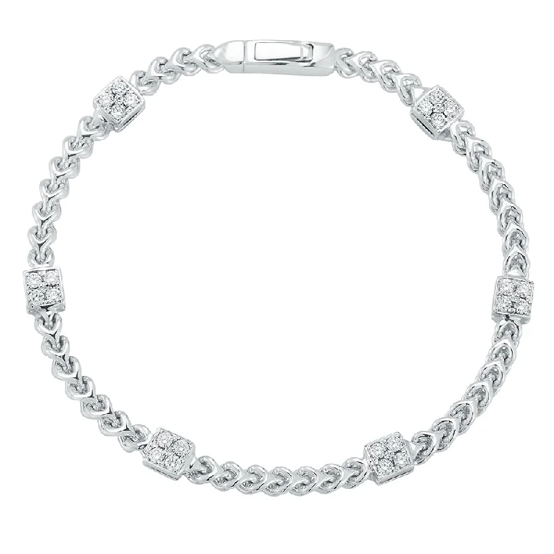 Women’s adjustable gemstone bracelets-Diamond Square Station Bracelet in 14K White Gold