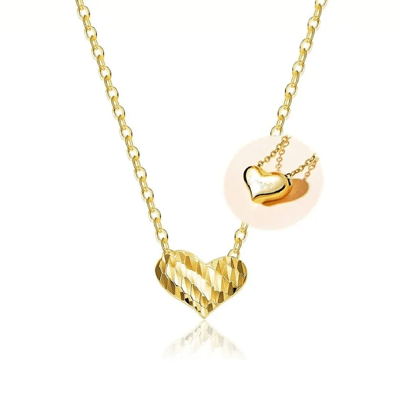 Women’s layered necklaces-"Heart To Heart" Engraved Love Letter 18K Gold Necklace