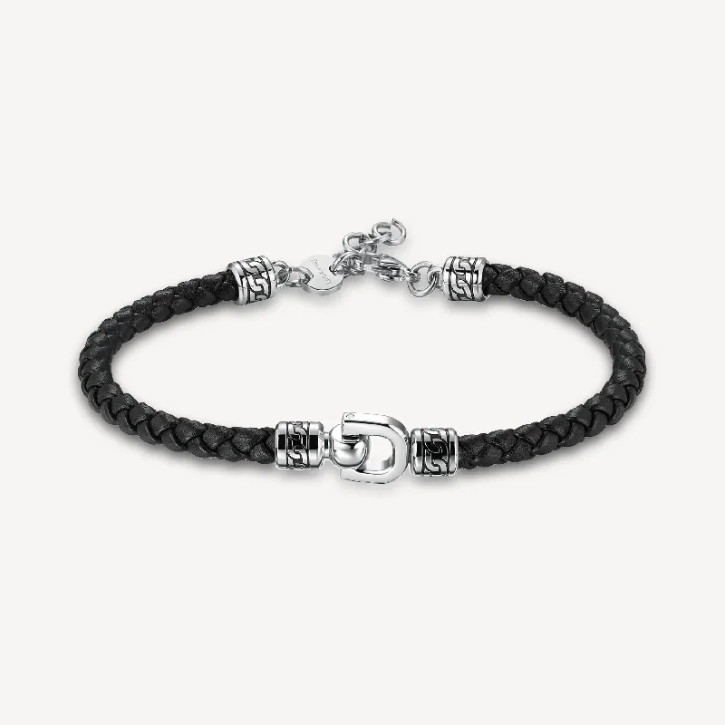 Women’s tennis bracelets-Leather Bracelet with Lock Detail in Stainless Steel