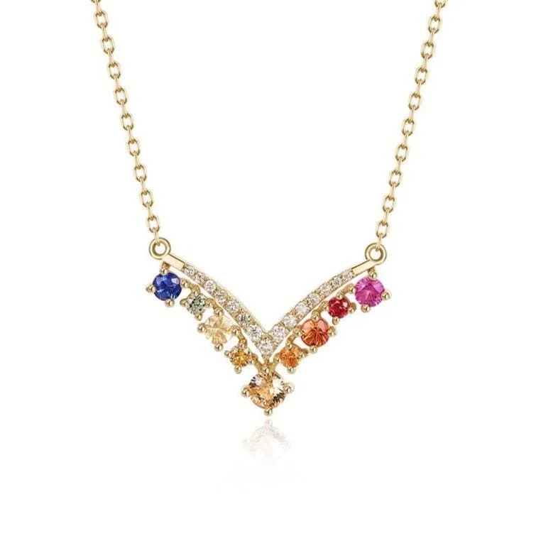 Women’s layered gold necklaces-FANCIME "Rainbow Ruffle" Colored Sapphires 14K Yellow Gold Necklace