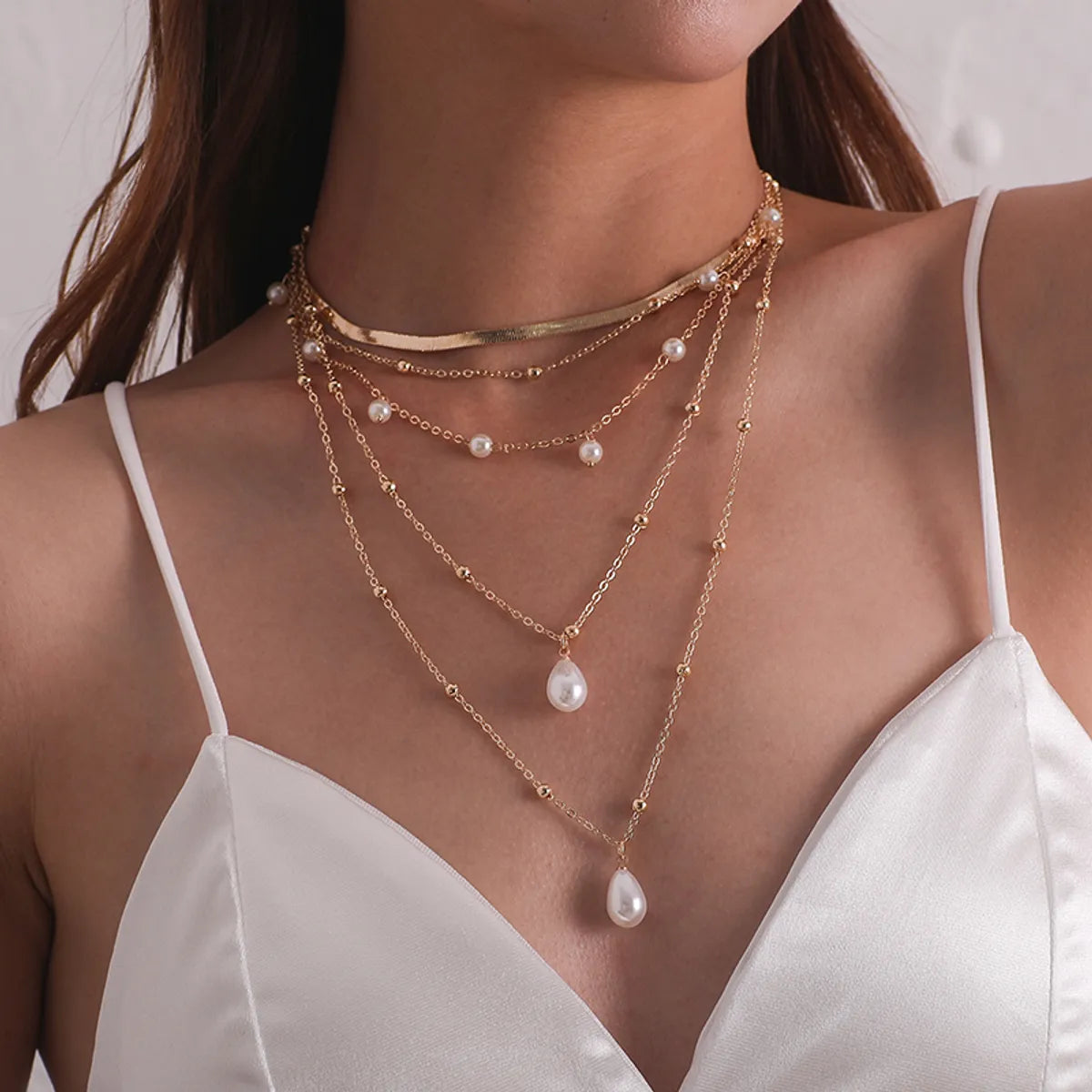 Women’s long chain necklaces-Simple Style Water Droplets Imitation Pearl Alloy Layered Women's Layered Necklaces