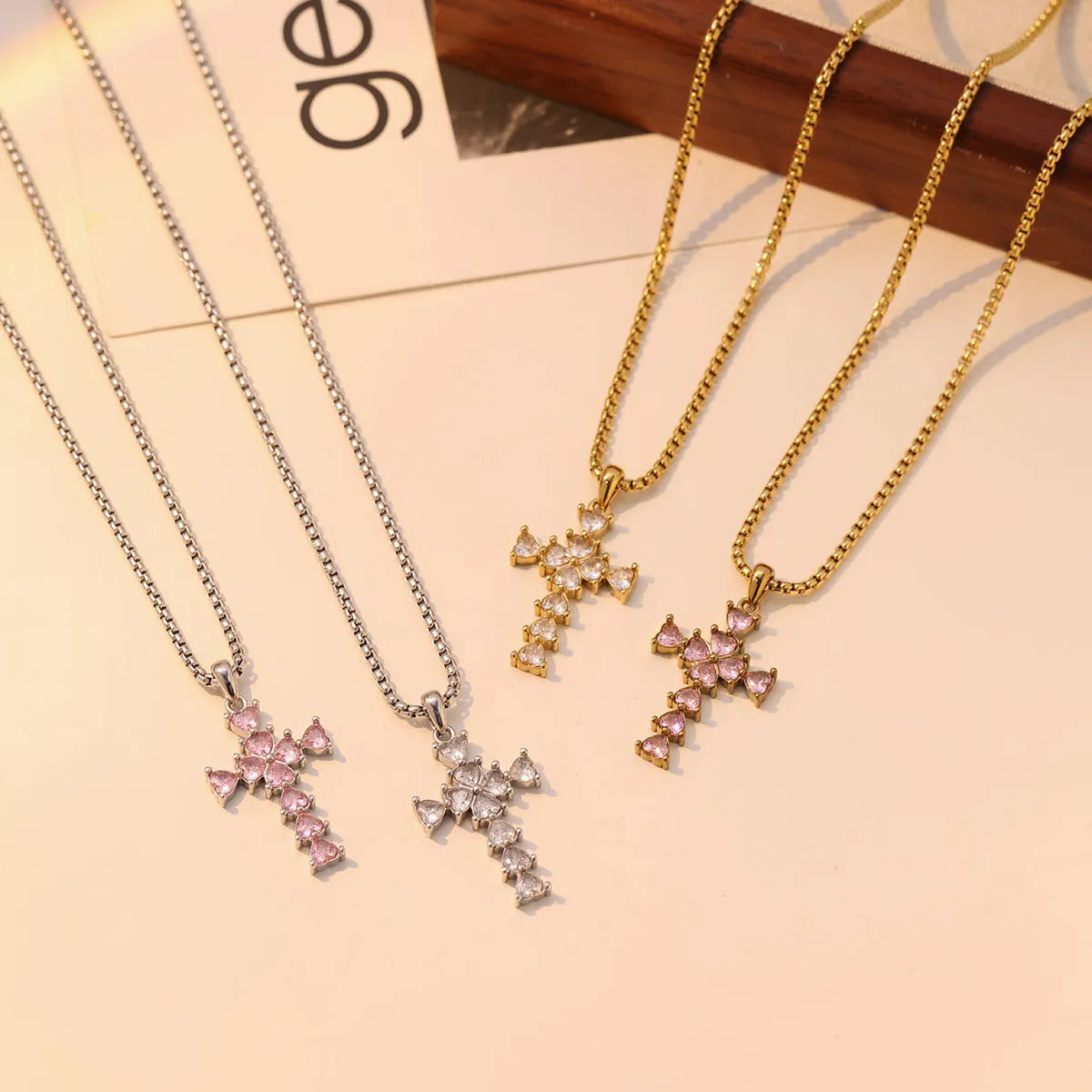 Women’s amethyst necklaces-Vintage Style Cross Stainless Steel Zircon White Gold Plated