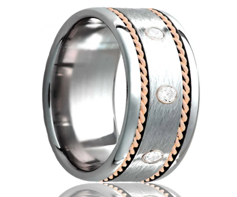 Women’s custom halo engagement rings-Cobalt Diamond Satin Finish with Woven Rose Gold Ring