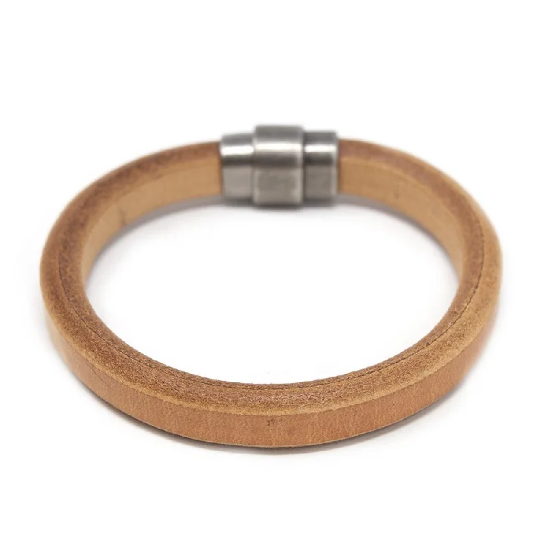 Women’s gold bracelets-Plain Leather Bracelet with Antique Silver Clasp Camel Large