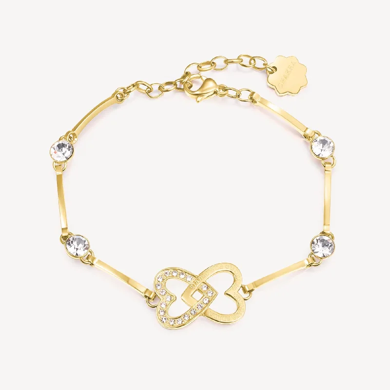 Women’s luxury gold bracelets-Crystal Heart Station Bracelet in Gold Plated Stainless Steel