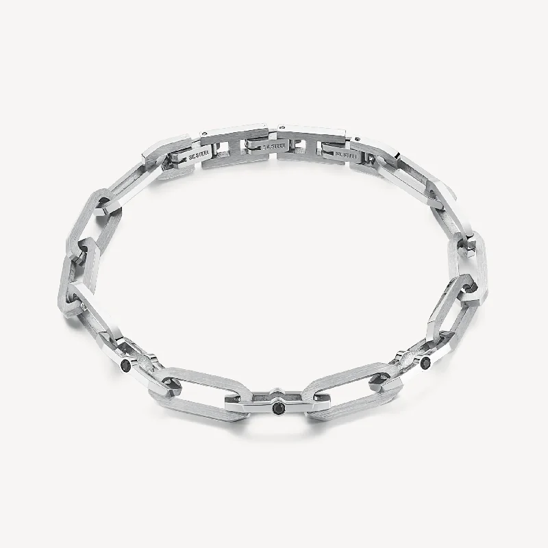 Women’s diamond bangle bracelets-Crystal Accented Chain Link Satin Bracelet in Stainless Steel