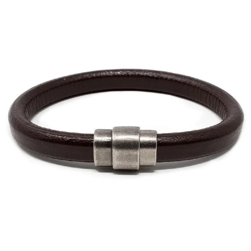 Women’s luxury stackable bracelets-Plain Leather Bracelet with Antique Silver Clasp Brown Large