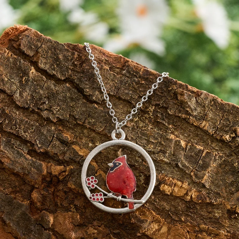 Women’s necklace with initials-Red Glass Cardinal Holly Branch Necklace