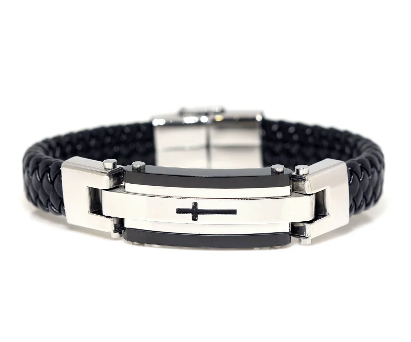 Women’s pearl bangles-Stainless Steel Cross Black Leather Bracelet