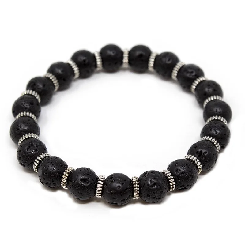 Women’s crystal bracelets-Steel Zinc Ring and Black Lava Beads Bracelet