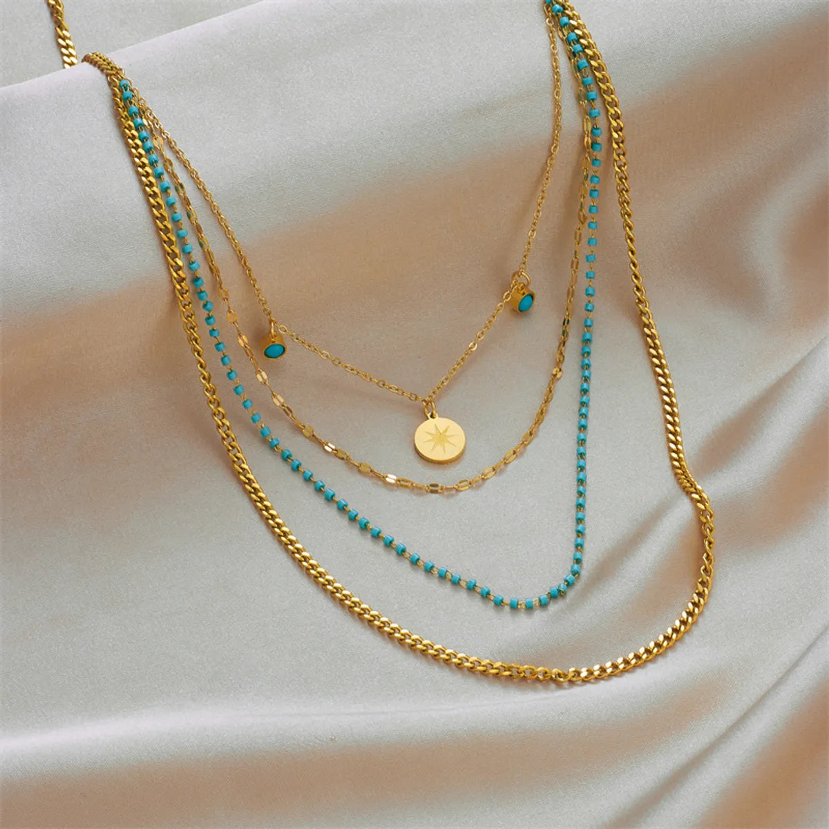 Women’s lock pendant necklaces-Vintage Style Geometric Stainless Steel Gold Plated Turquoise Layered Necklaces