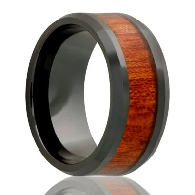 Women’s platinum engagement rings-Black Diamond Ceramic Ring with Blood Wood Inlay