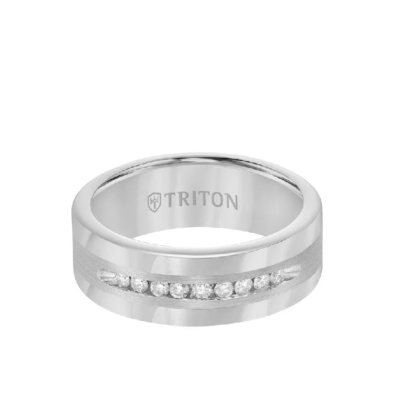 Women’s cushion cut engagement rings-8MM Tungsten Diamond Ring - Channel Set Silver Satin Finish and Round Edge