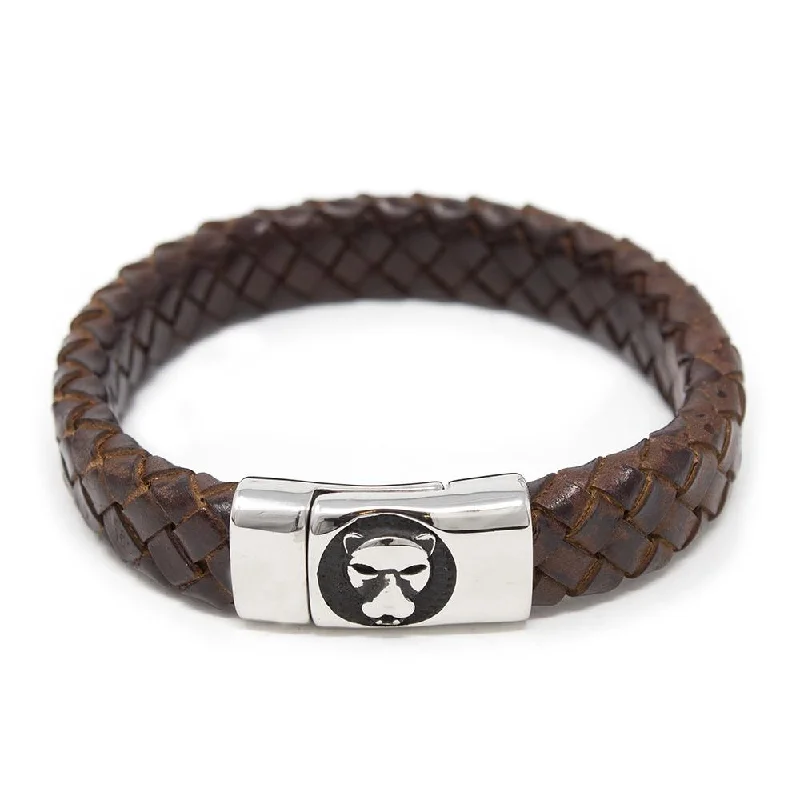 Women’s sterling silver friendship bracelets-Braided Leather Bracelet with Lion Clasp Brown Medium