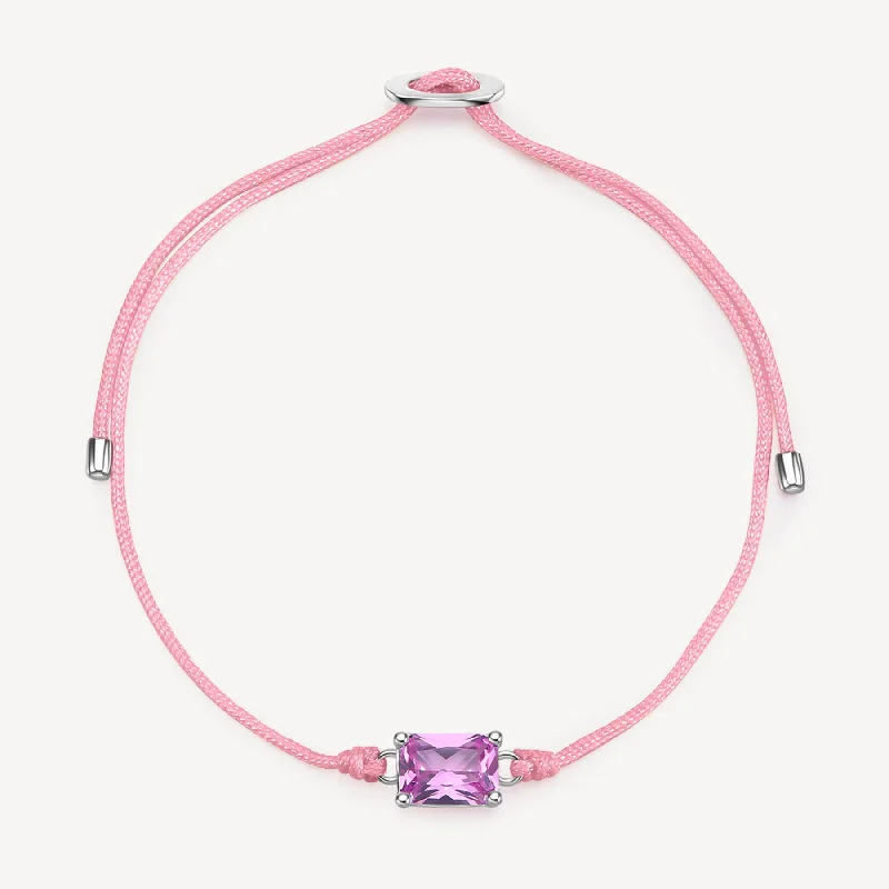 Women’s minimalist leather bracelets-Fancy Pink Stone Cord Bracelet in Sterling Silver