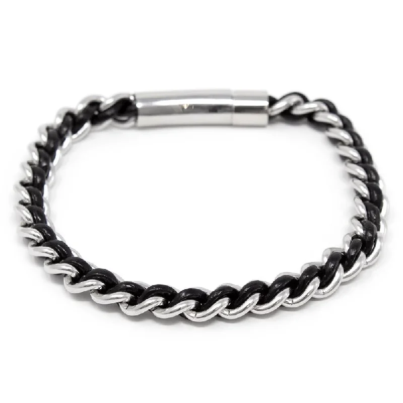 Women’s silver cuff bracelets-Stainless Steel Bracelet Black Leather Braided in Chain