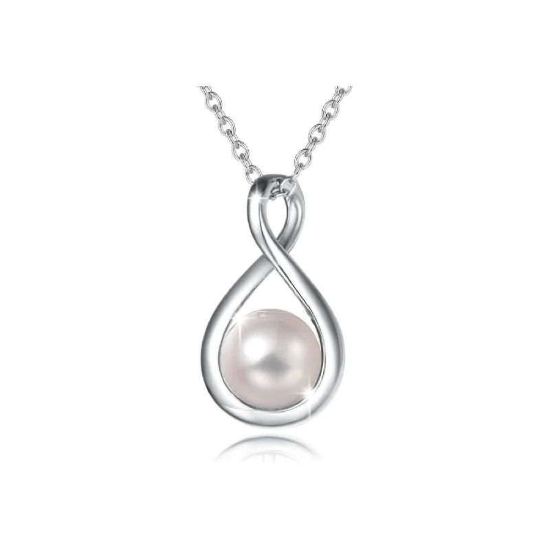 Women’s round pendant necklaces-"Infinite Embrace" June Birthstone White Pearl Infinity Symbol Sterling Silver Pendant Necklace