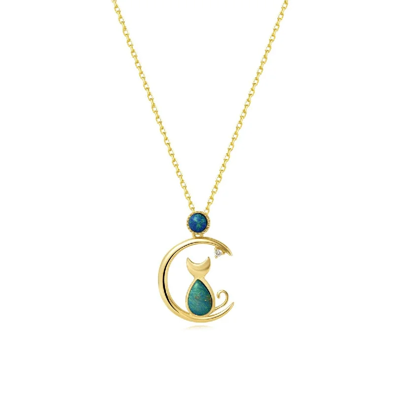 Women’s pendant necklaces with diamonds-FANCIME Opal Dreamy Moon & Kitten Cat 18K Yellow Gold Necklace