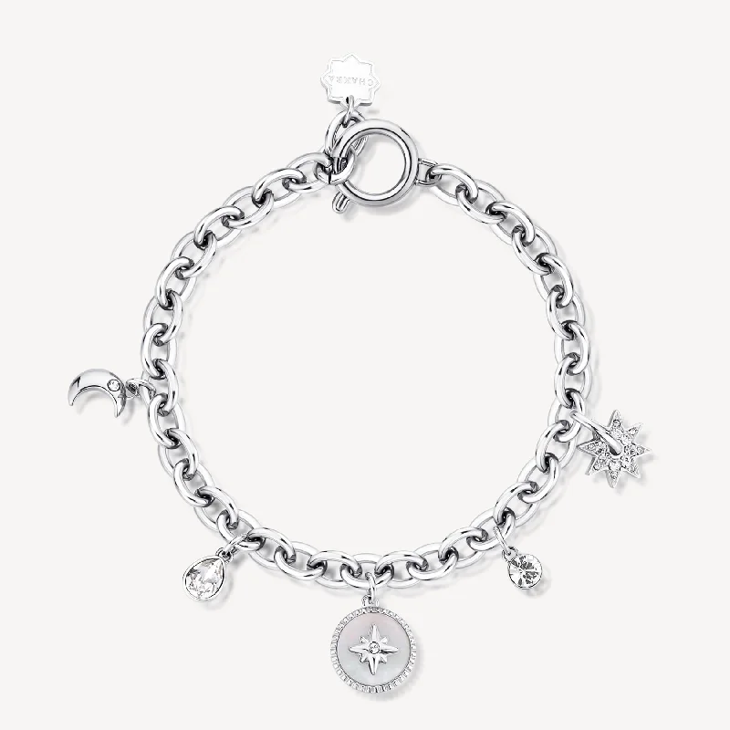 Women’s crystal bracelets-Celestial Crystal and Mother-of-Pearl Charm Bracelet in Stainless Steel