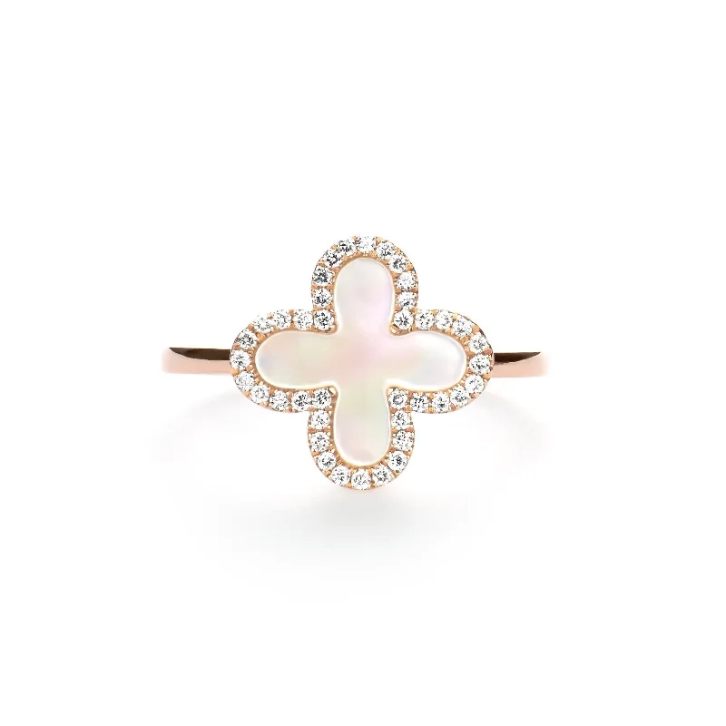 Women’s colored gemstone engagement rings-Mother of Pearl Clover with Diamond Halo Ring