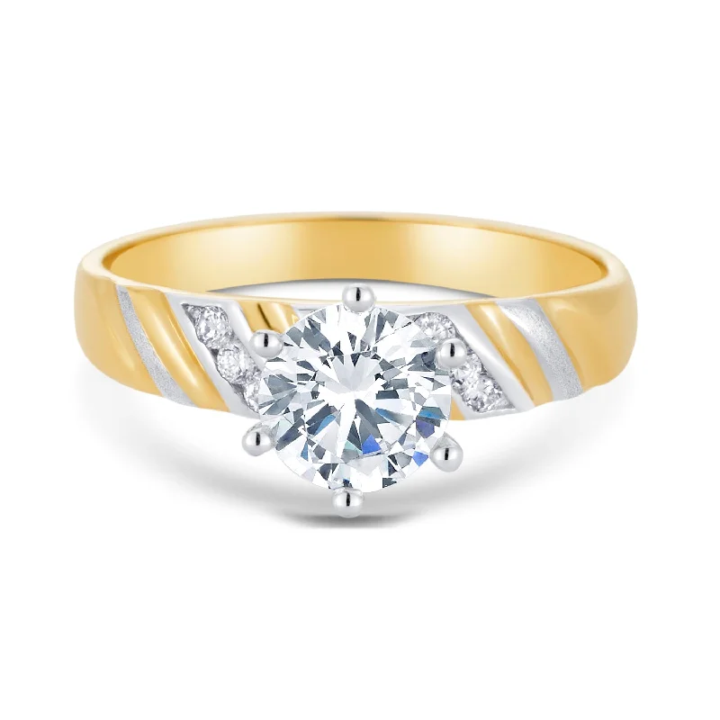 Women’s affordable diamond engagement rings-14K Two Tone Solid Gold 1 Ct. Round Cut CZ Engagement Ring and Wedding Band 2 Piece Bridal Set