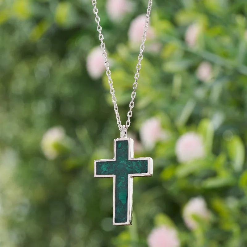 Women’s rose gold chain necklaces-Sterling Silver Malachite Cross Necklace